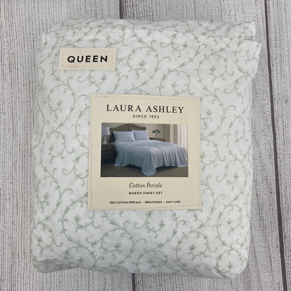 Laura Ashley Sheet Set Queen Bettina Sage Green Floral Cotton Percale Garden
